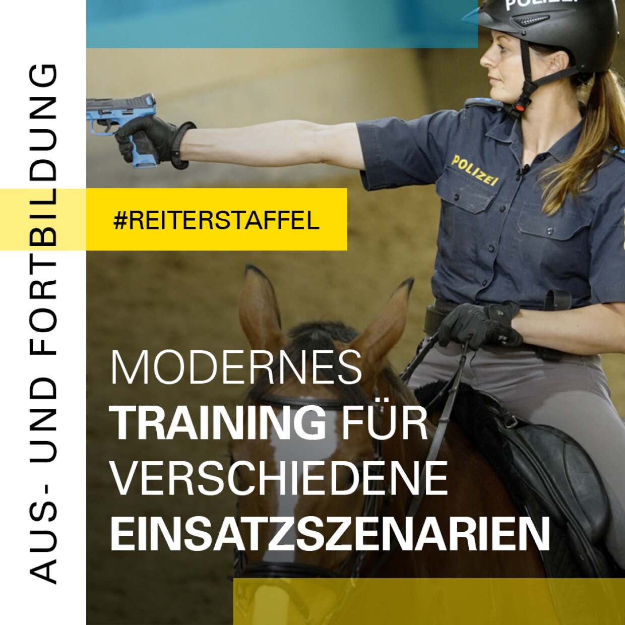 Auf dem Bild ist eine Polizeireiterin zu sehen, wie diese mit einer Pistole ein Ziel in der Ferne anvisiert, darunter die Bildüberschrift "Modernes Training für verschiedene Einsatzszenarien".