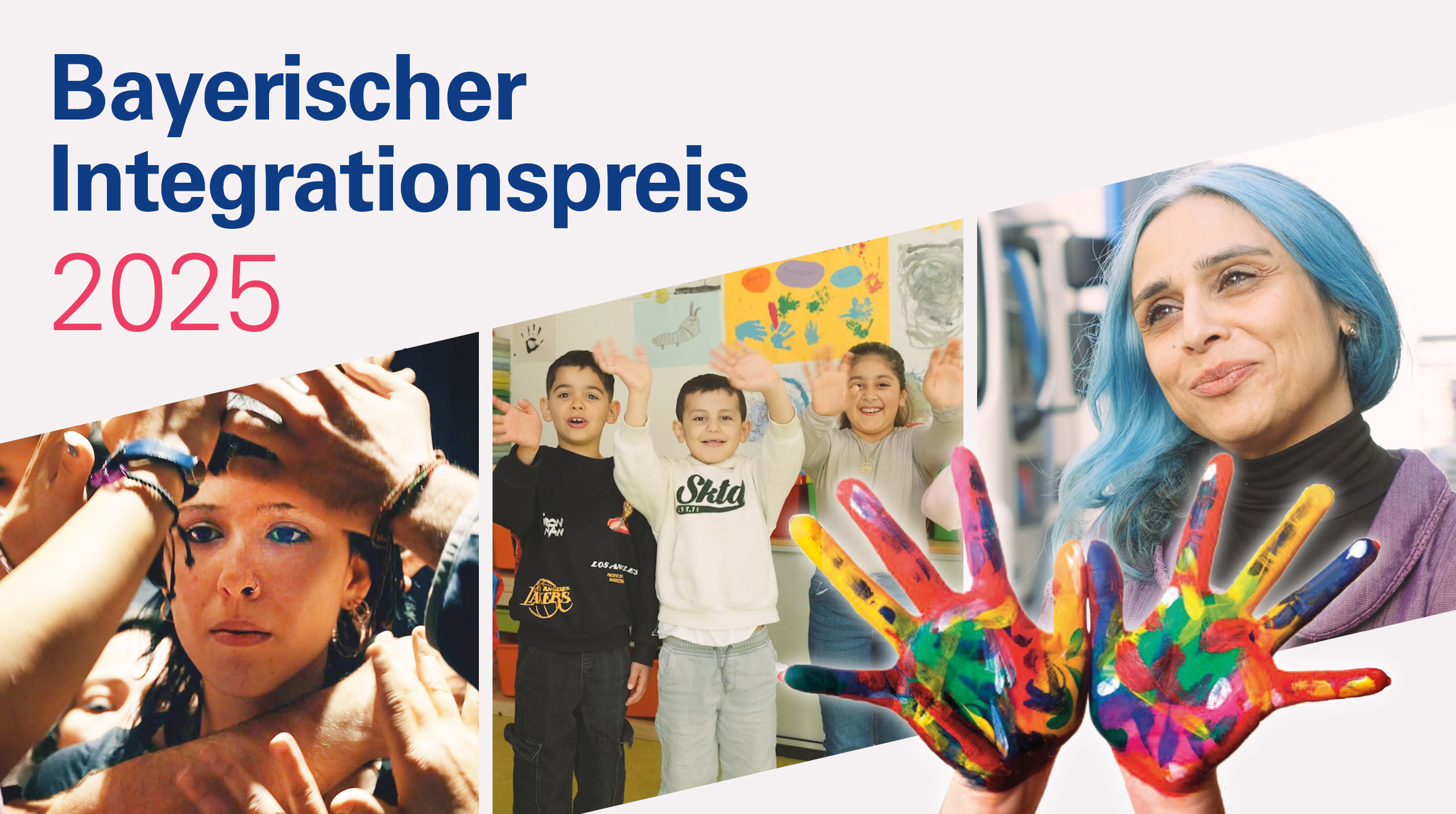 Grafik zum Bayerischen Integrationspreis 2025 mit drei Bildern von Kindern und Frauen