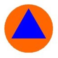 Zivilschutzkennzeichen: Orangener Kreis, darauf ein blaues Dreieck