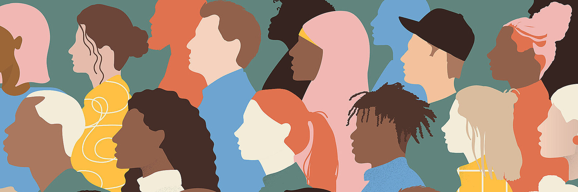 Eine Gruppe unterschiedlicher Männer und Frauen im Profil. Es handelt sich um eine abstrakte Illustration von unterschiedlichen Kulturen, Hautfarben.