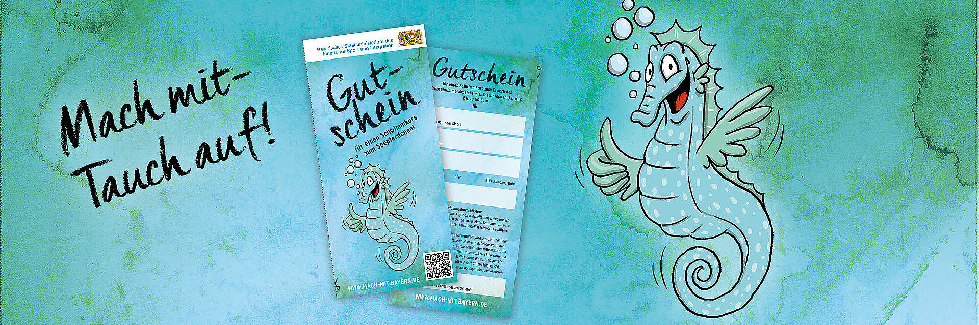 Grafik mit Seepferdchen "Mach mit - Tauch auf!" zur Gutscheinaktion