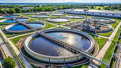 Eine Kläranlage in Betrieb, Abwasser, Reinigung Kläranlage in Betrieb mit mehreren großen runden Wasserbecken von oben fotografiert