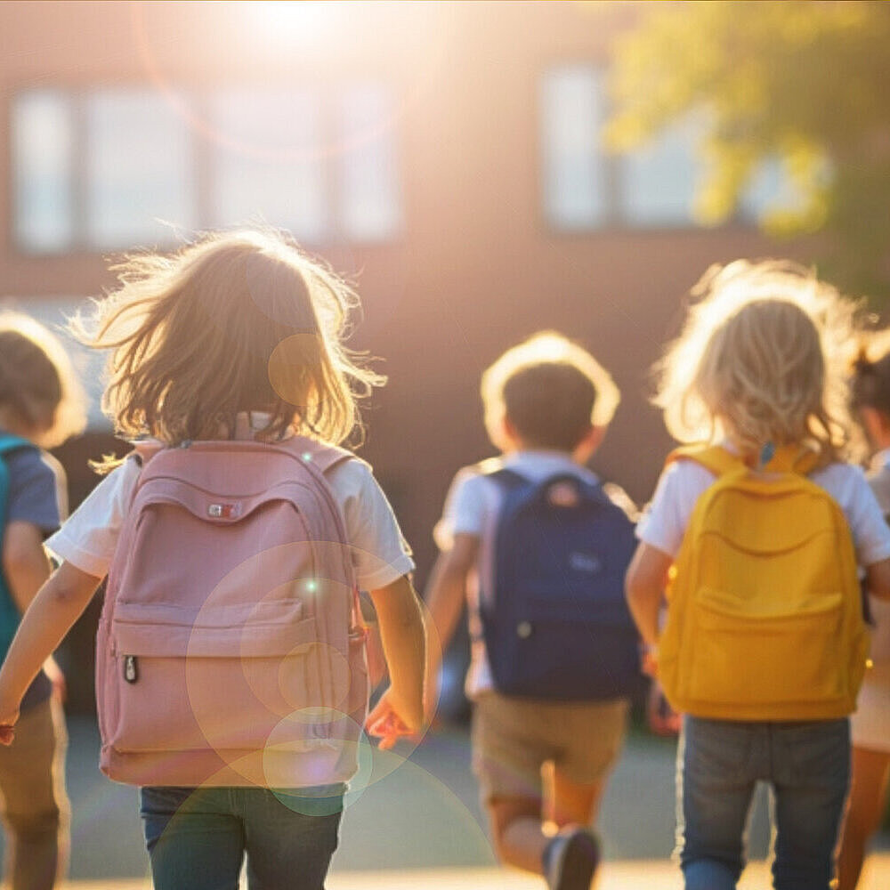 Educational background. Back to school concept with a group of children walking happily on a backpack walking to the school building in the sun Schulkinder mit Rucksäcken von hinten vor Gebäude